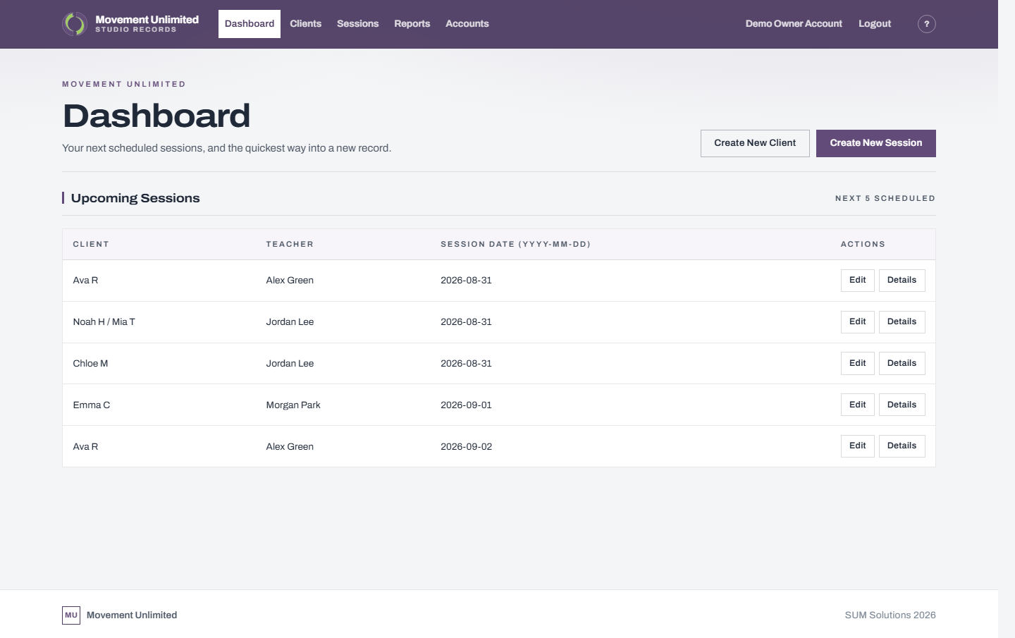 Movement Unlimited dashboard.