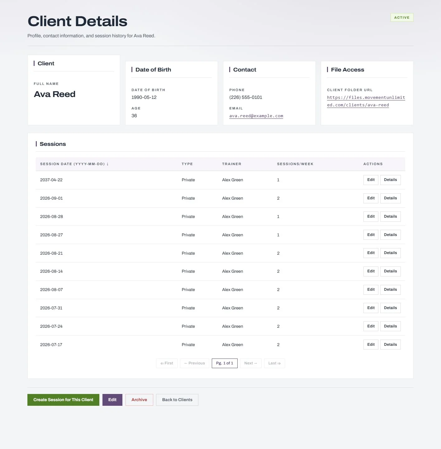 A client record with their session history.