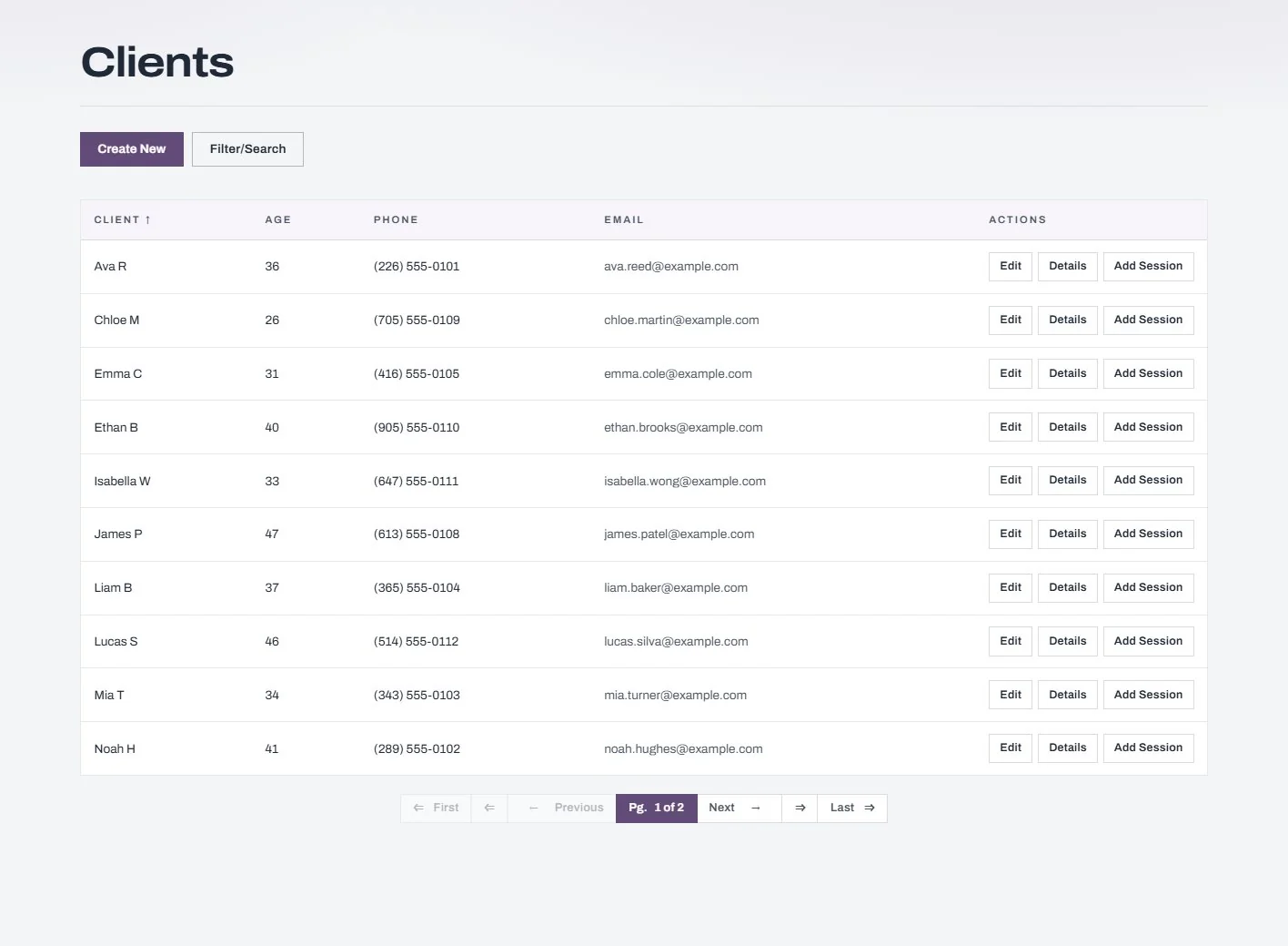 The client list with quick actions.