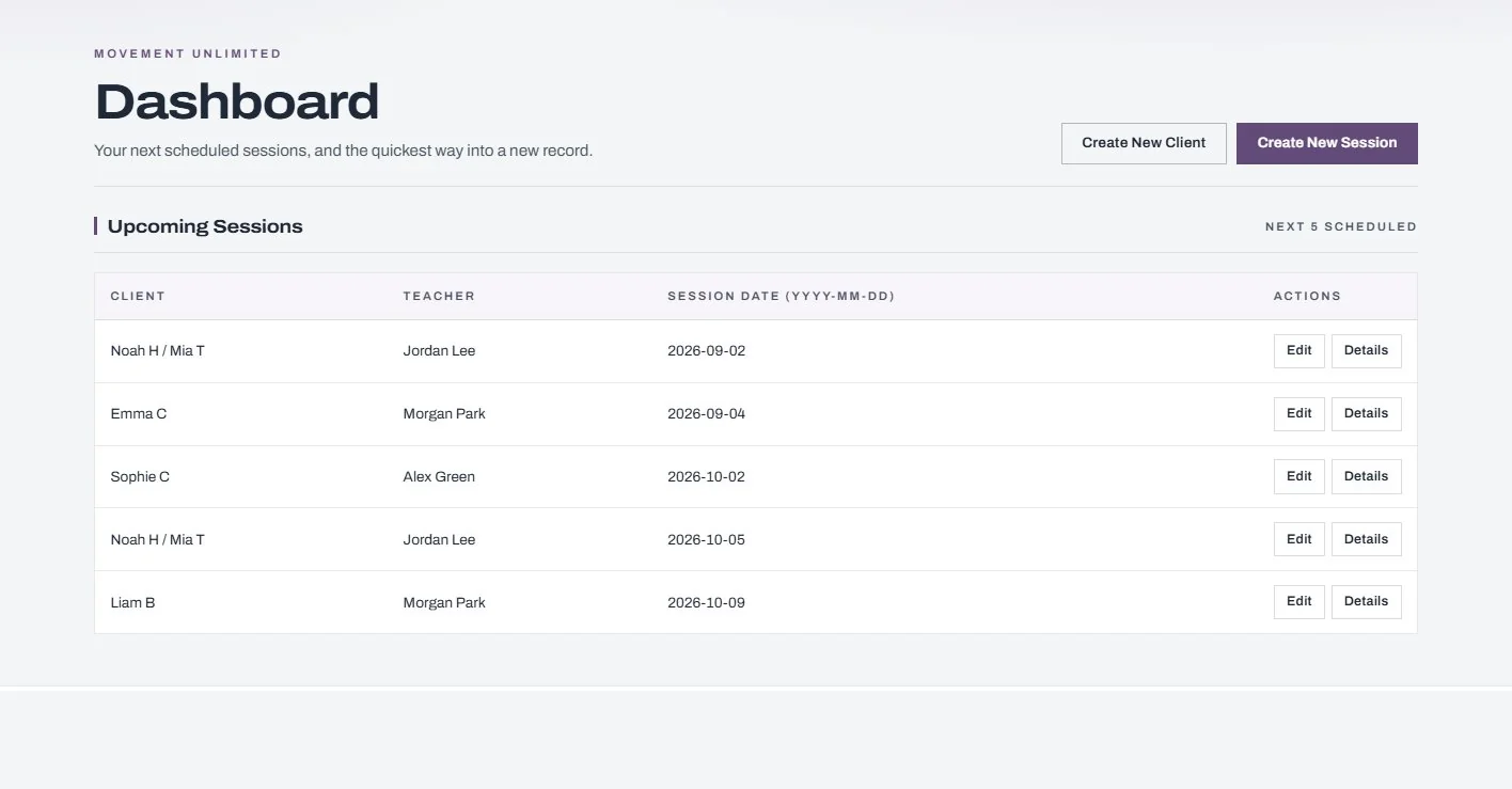 Movement Unlimited dashboard.