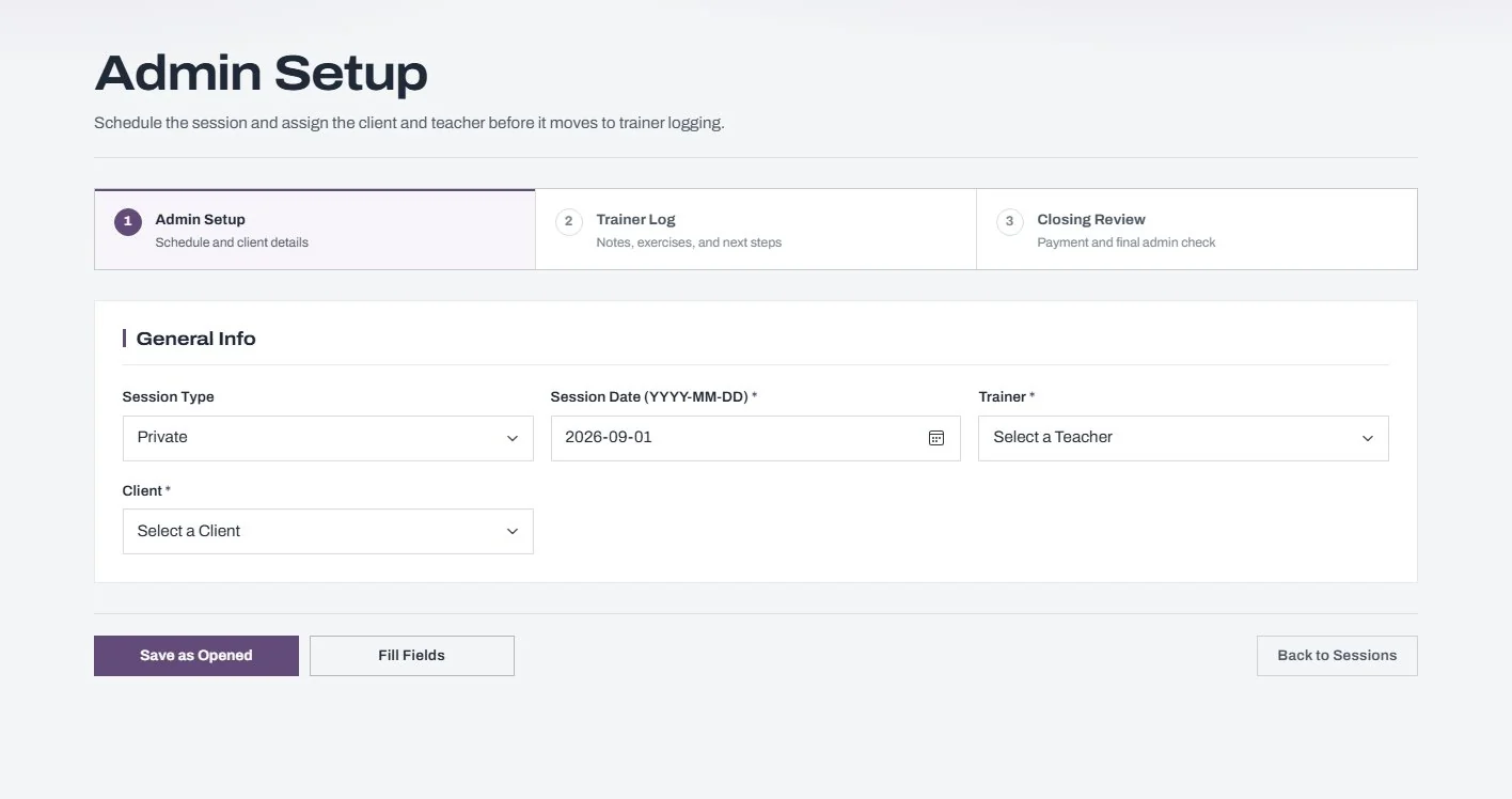 Admin Setup, scheduling a session and assigning the client and teacher.