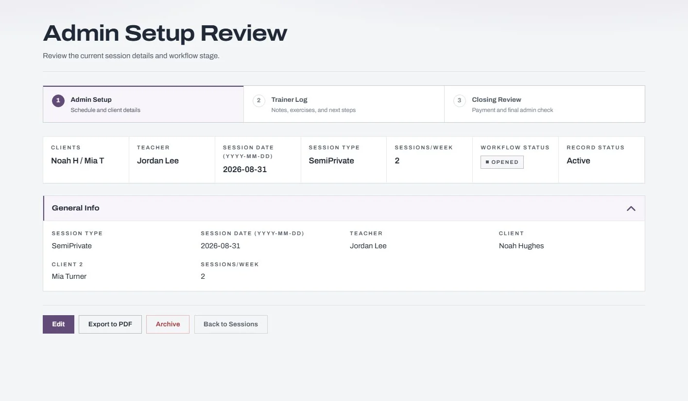 Admin Setup Review, showing the session details and its workflow stage.