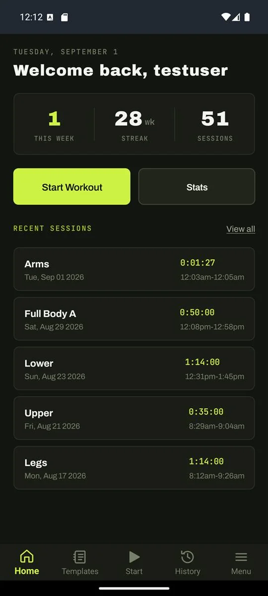 Workout Tracker home screen.