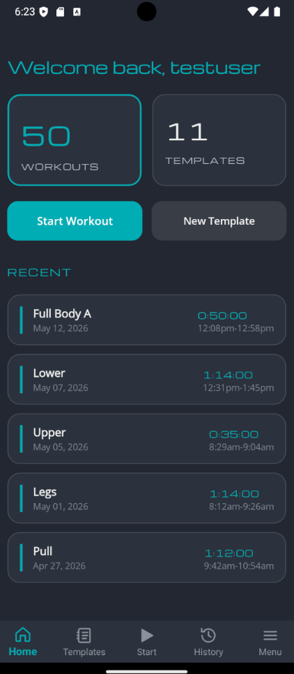 Workout Tracker home screen.